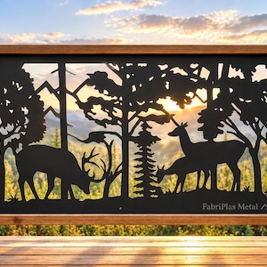May include: A rectangular black metal panel featuring a laser-cut silhouette of a forest scene with a buck, a doe, and a fawn among trees and mountains. The text FabriPlas Metal is visible in the bottom right corner of the panel.