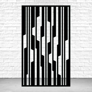 May include: Black and white geometric design metal room divider. The divider is made of thin metal strips that are arranged in a repeating pattern. The divider is tall and narrow, and it would be a great addition to any modern home.