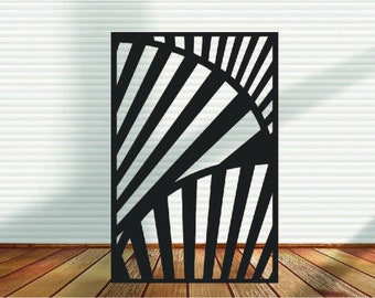 May include: Black and white geometric design with a repeating pattern of stripes and curves. The design is framed in a black square.