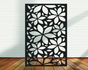 May include: Black metal screen with a floral design. The screen features a repeating pattern of stylized flowers and leaves.