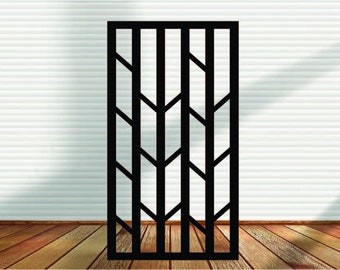 May include: Black metal room divider with a geometric pattern of overlapping arrows. The divider is made of thin metal bars and has a modern design.