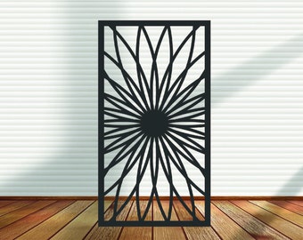 May include: Black metal room divider with a geometric design featuring a circular pattern in the center.