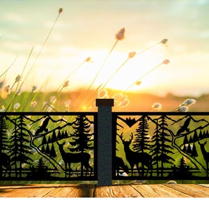May include: A black metal railing panel featuring a laser-cut silhouette of a forest landscape. The design includes deer, tall pine trees, mountain peaks, and a flying bird. The panel is rectangular with a repeating pattern across two sections.