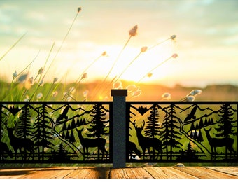May include: A black metal railing panel featuring a laser-cut silhouette of a forest landscape. The design includes deer, tall pine trees, mountain peaks, and a flying bird. The panel is rectangular with a repeating pattern across two sections.