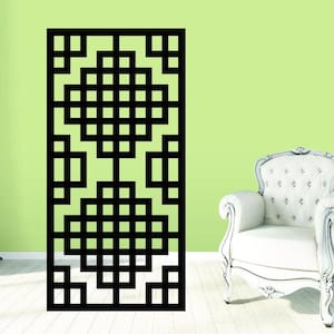 May include: Black geometric design wall decal with a square shape. The design is made up of repeating squares and rectangles.