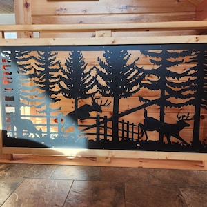 Decorative Rustic Railings and Metal Panel, Metal Insert, Staircase Railings, Balcony Panels- Wildlife Scenery of Deer Over Fence