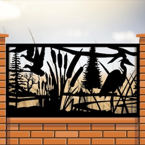 Decorative Rustic Railings, Metal Panel Insert, Staircase Railings, Balcony Panel- Wildlife Scenery With Heron and Two Flying Ducks