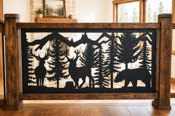 Decorative Rustic Railings, Metal Panel Insert, Staircase Railings,  Balcony Panels- Wildlife Scenery With Deer and Bear In A Forest Scene