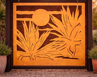 Desert Theme Metal Panel, Metal Privacy Screen, Fence, Decorative Panel, Wall Art, Indoor & Outdoor -Agave Plants (PUA38)