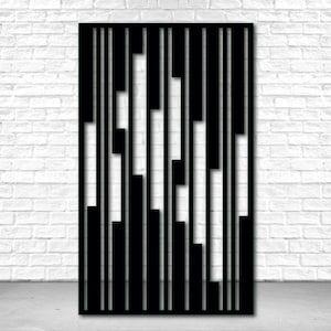 May include: Black metal room divider with a geometric pattern of vertical and horizontal lines. The divider is made of thin metal bars and has a modern design.