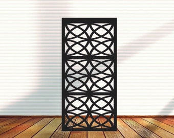 May include: Black metal room divider with a geometric pattern of overlapping circles. The divider is made of thin metal and has a modern design.