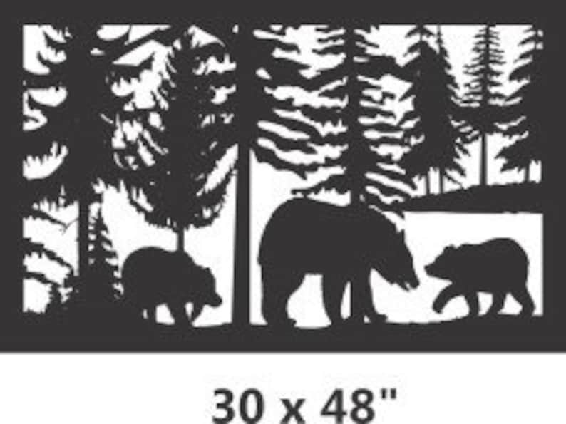 May include: A rectangular black metal wall art panel featuring a silhouette of a forest with pine trees and three bears. The design includes one large bear and two smaller bears walking among the trees. The text 30 x 48" is printed below.