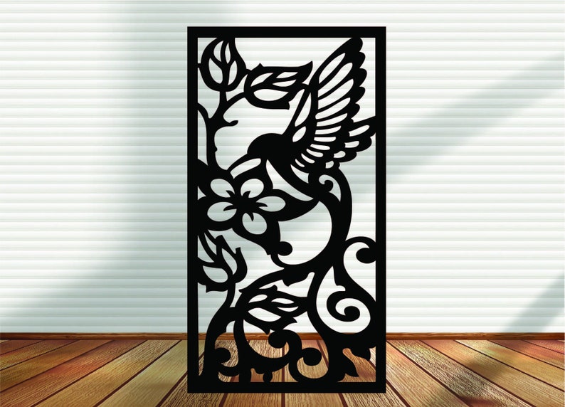 May include: Black silhouette of a hummingbird with outstretched wings, perched on a branch with a flower. The design is intricate and detailed, perfect for a decorative wall panel or screen.