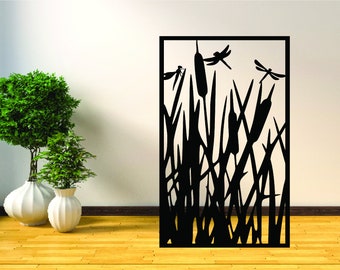 Privacy Panel, Privacy Screen, Garden Panel, Metal Fence, Divider, Yard Art, Metal Panel - Cattails and Dragonflies (PUA17)