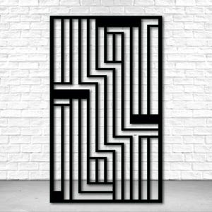May include: Black metal screen with a geometric design. The screen is made of thin metal bars that are arranged in a repeating pattern of vertical and horizontal lines. The screen is a modern and stylish design element that can be used to add privacy or to create a decorative accent.