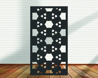May include: Black decorative screen with a geometric pattern of interlocking circles and squares. The screen is made of a solid material and has a modern design.
