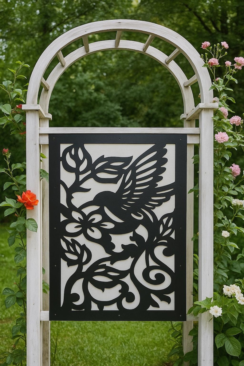 Metal Panel, Metal Privacy Screen, Fence, Decorative Panel, Wall Art, Garden Panel, Indoor & Outdoor - Open Leaf Hummingbird image 2
