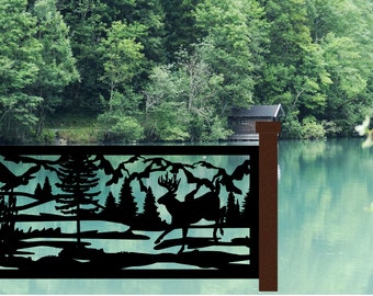 May include: Black metal fence panel with a cut-out design of a deer running through a forest scene with mountains in the background. The fence panel is mounted on a wooden post.