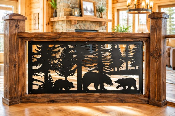 Decorative Rustic Railings and Metal Panel, Wildlife Scenery With Bear and Cubs, Metal Insert, Staircase Railing,  Balcony Panel