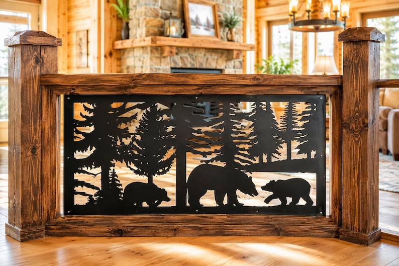 May include: A rectangular black metal panel featuring a laser-cut silhouette of a forest scene with three bears. The panel is framed by dark stained wooden posts and horizontal beams, creating a decorative railing insert for an interior space.