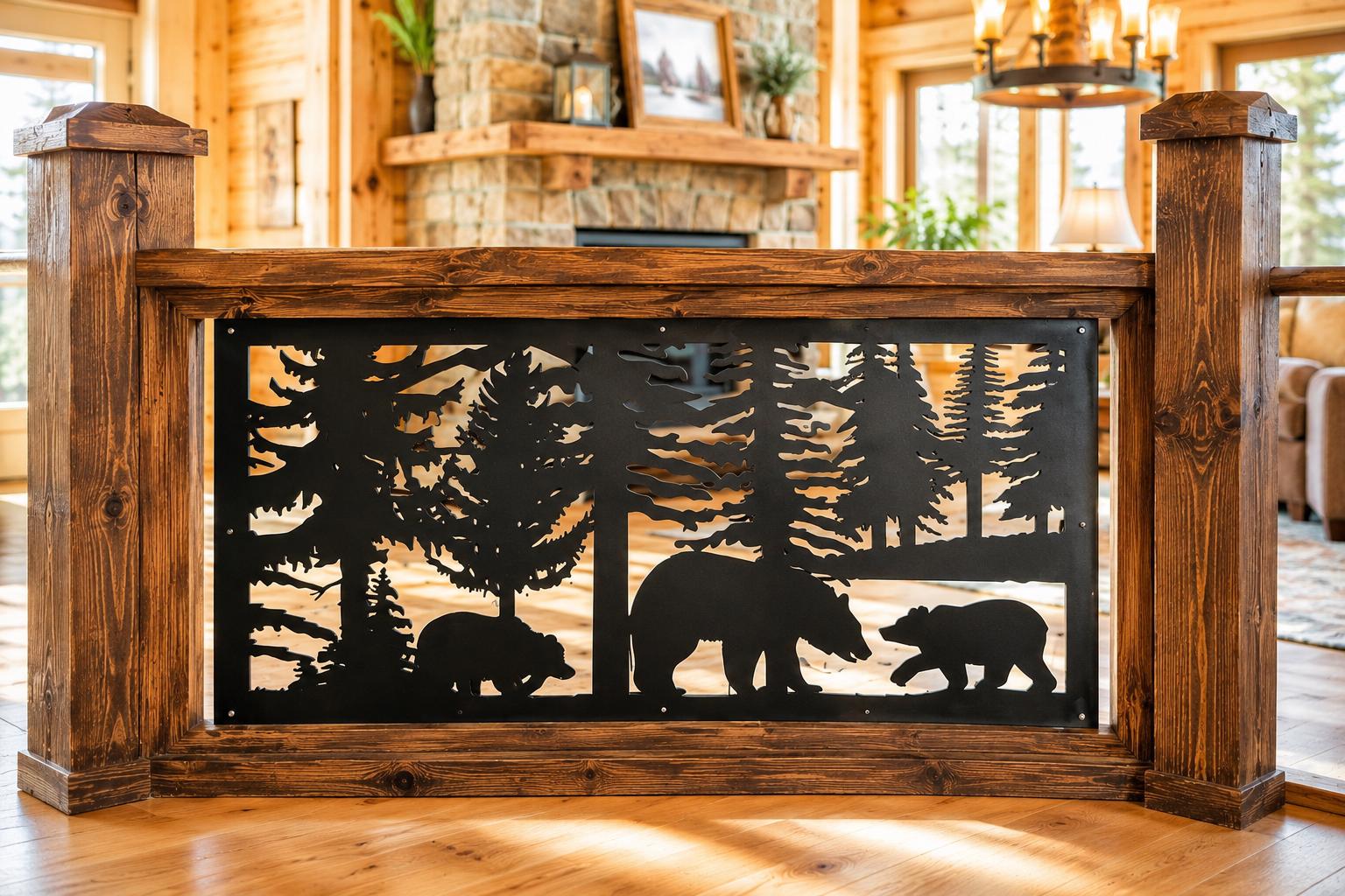 Wildlife Railing Decorative Rustic Railings and Metal Panel, Wildlife Scenery With Bear ...