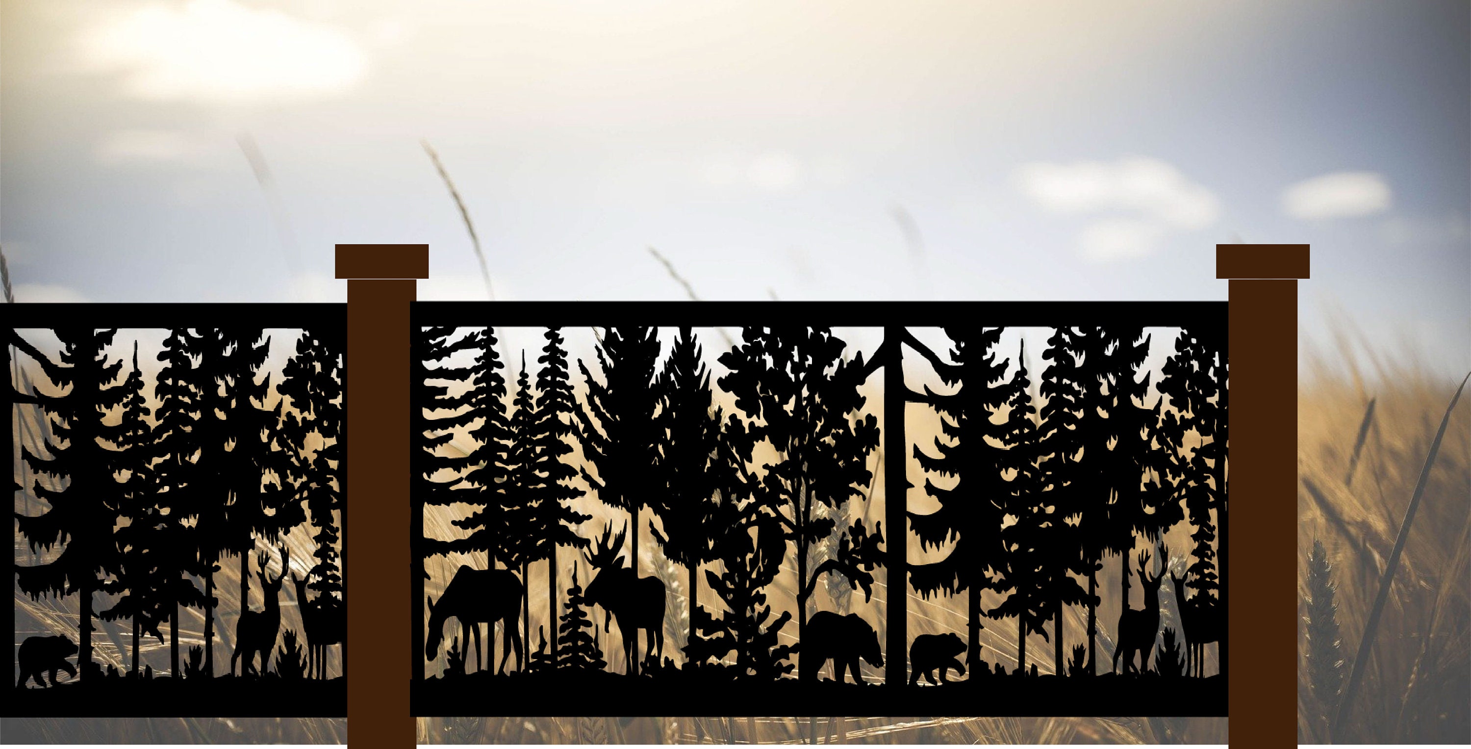 Decorative Rustic Railings and Decorative Metal Panel - Bear, Moose & Deer Panel - A Complete Wildlife Scene