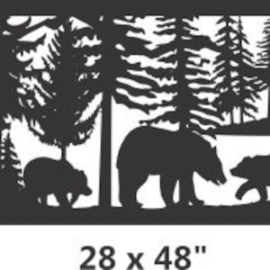 May include: A rectangular black metal wall art panel featuring a laser-cut silhouette of a forest scene with three bears walking among pine trees. The panel includes the printed text 28 x 48 inches at the bottom, indicating its dimensions.