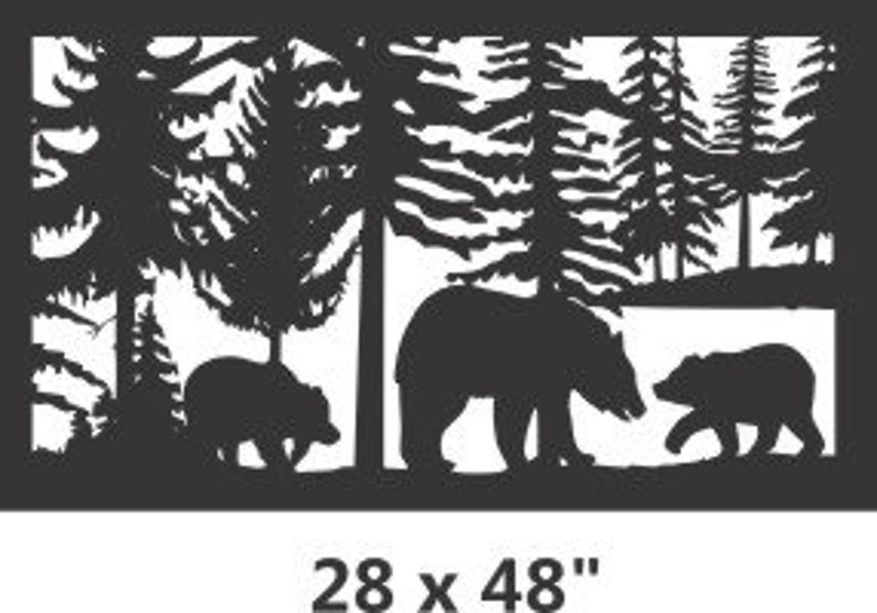 May include: A rectangular black metal wall art panel featuring a laser-cut silhouette of a forest scene with three bears walking among pine trees. The panel includes the printed text 28 x 48 inches at the bottom, indicating its dimensions.