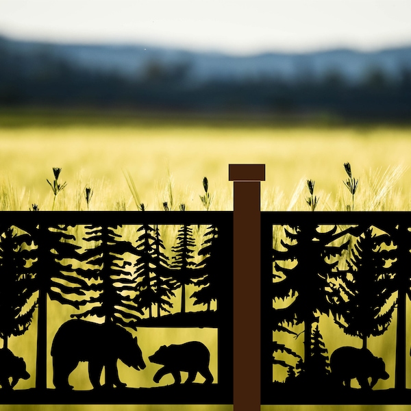 Decorative Rustic Railings, Wildlife Scenery With Bear and Cubs In A Forest Scene, Metal Panel Insert, Staircase Railings,  Balcony Panels