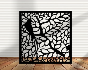 Square Metal Privacy Screen, Wall Art Panel- Bird and Tree SD10