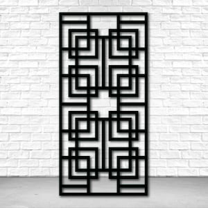 May include: Black metal geometric wall decor with a repeating square pattern. The design is reminiscent of a windowpane or a screen.