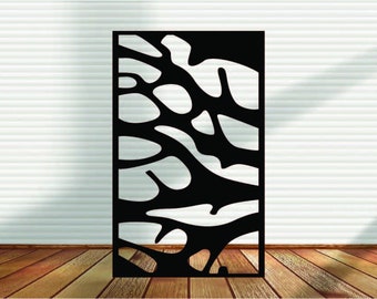 May include: Black and white abstract design cut out of a sheet of metal. The design features a series of organic shapes and lines.