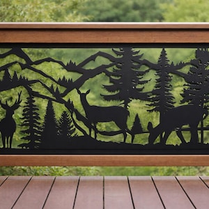 Decorative Rustic Metal Panel- Buck, Doe, Fawn in Mountain and Forest Scene