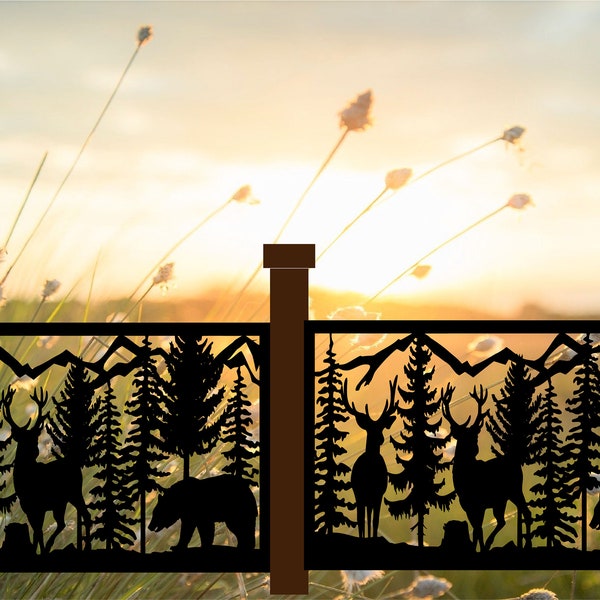 Decorative Rustic Railings, Wildlife Scenery With Deer and Bear In A Forest Scene, Metal Panel Insert, Staircase Railings,  Balcony Panels