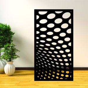 May include: Black metal room divider with a geometric pattern of overlapping circles. The circles are arranged in a wave-like pattern, creating a modern and stylish design.