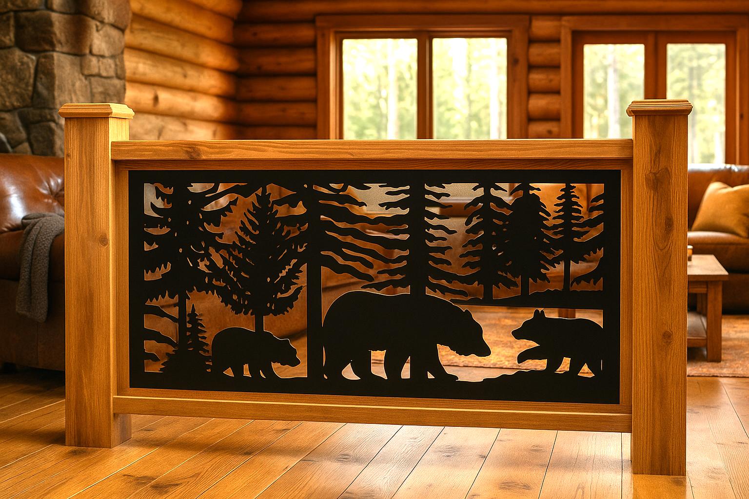 Animal Railing Decorative Rustic Railings and Metal Panel, Wildlife Scenery With Bear ...