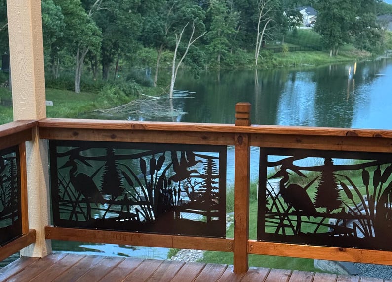 Metal Railing Inerts Rustic Metal Railing Insert, Wildlife Scenery, Heron and Ducks ...