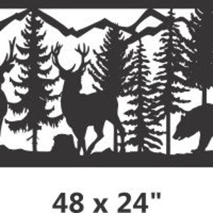May include: A rectangular black metal wall art panel featuring a laser-cut silhouette of a forest scene with two deer, a bear, and mountain peaks in the background. The panel includes the printed text 48 x 24 inches at the bottom.