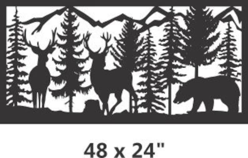 May include: A rectangular black metal wall art panel featuring a laser-cut silhouette of a forest scene with two deer, a bear, and mountain peaks in the background. The panel includes the printed text 48 x 24 inches at the bottom.