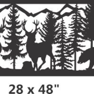 May include: A rectangular black metal wall art panel featuring a laser-cut silhouette of a forest scene with two deer, a bear, and mountain peaks in the background. The text 28 x 48" is printed in black below the panel, indicating its dimensions.