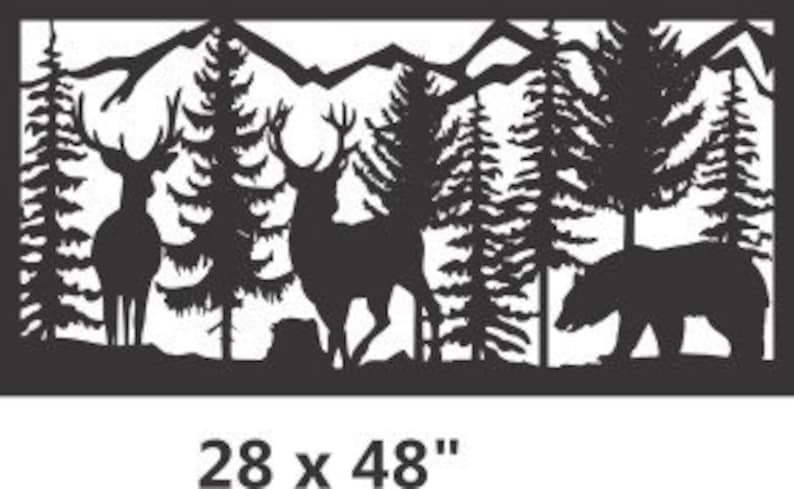 May include: A rectangular black metal wall art panel featuring a laser-cut silhouette of a forest scene with two deer, a bear, and mountain peaks in the background. The text 28 x 48" is printed in black below the panel, indicating its dimensions.