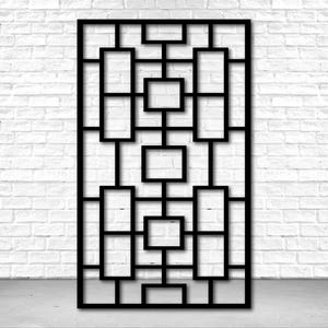 May include: Black metal screen with a geometric design of squares and rectangles. The screen is made of thin metal bars and has a modern, minimalist style.