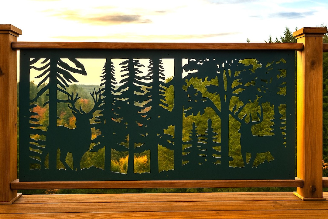 Wildlife Railing Rustic Metal Railing Insert, Wildlife Deer Scene, Two Bucks in A Forest ...
