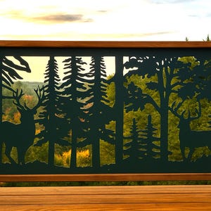 Rustic Metal Railing Insert, Wildlife Deer Scene, Two Bucks In A Forest,  Balcony Panel