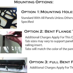 May include: Mounting options for metal panels: Option 1 shows mounting holes in a black tree-patterned panel. Option 2 displays bent flange tabs on a white panel. Option 3 illustrates a full bent flange with visible bolts on a metal panel edge.