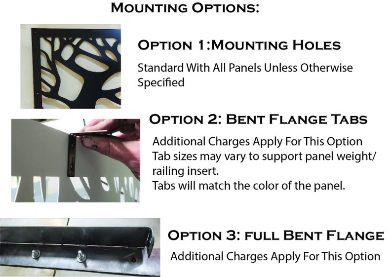 May include: Mounting options for metal panels: Option 1 shows mounting holes in a black tree-patterned panel. Option 2 displays bent flange tabs on a white panel. Option 3 illustrates a full bent flange with visible bolts on a metal panel edge.
