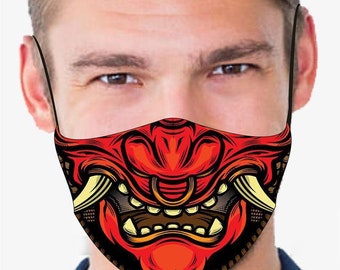 Stay Safe Reusable, Washable Face Mask - Red Samurai With Tie-Able Ear Loops, Adjustable Nose Wire And Filter Pocket