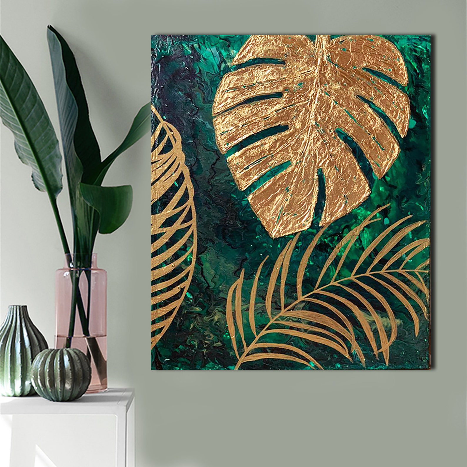 Luxury wall art gold tropical leaf acrylic pour gold leaf Etsy