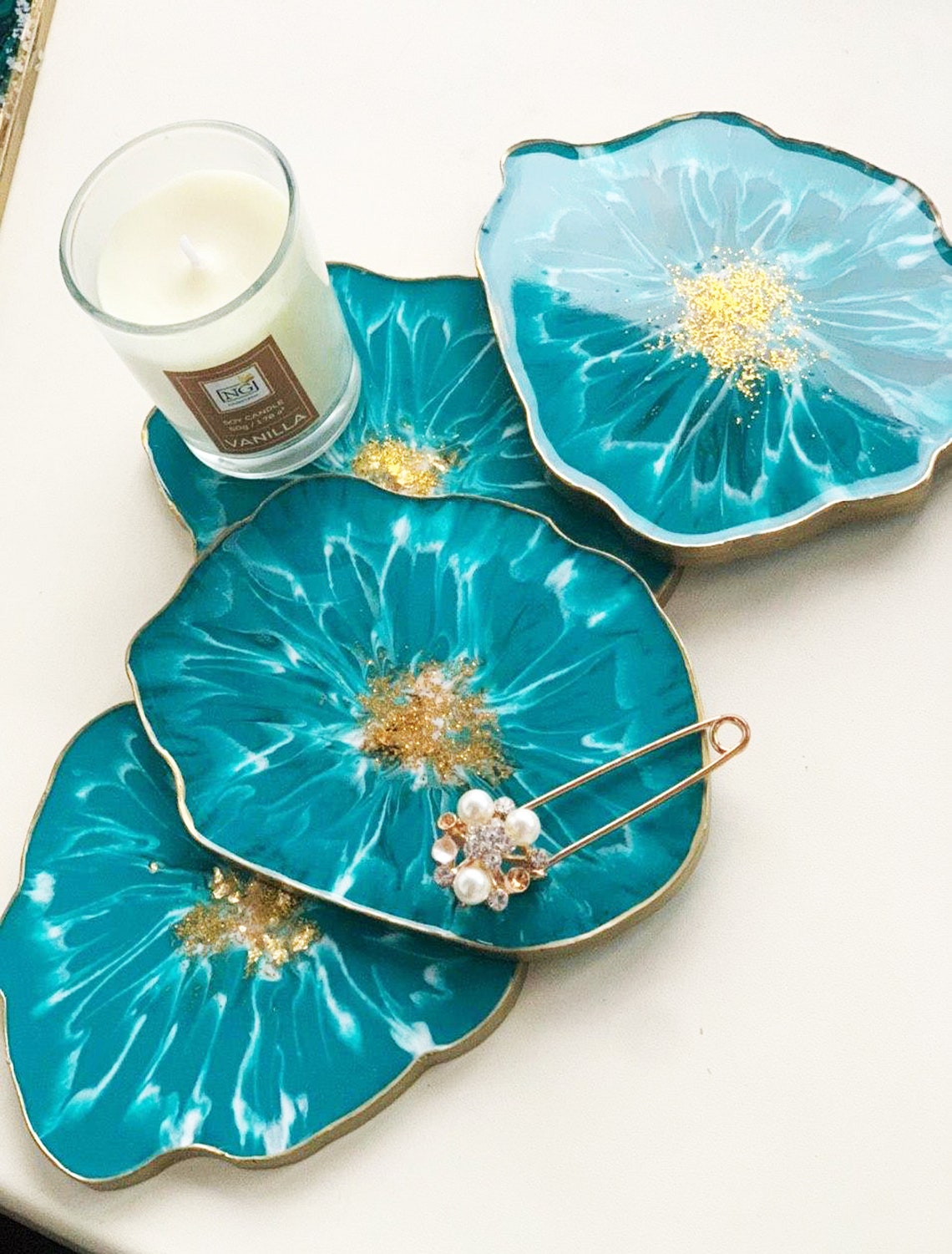Epoxy resin coaster / flower glass coasters / turquoise gold Etsy