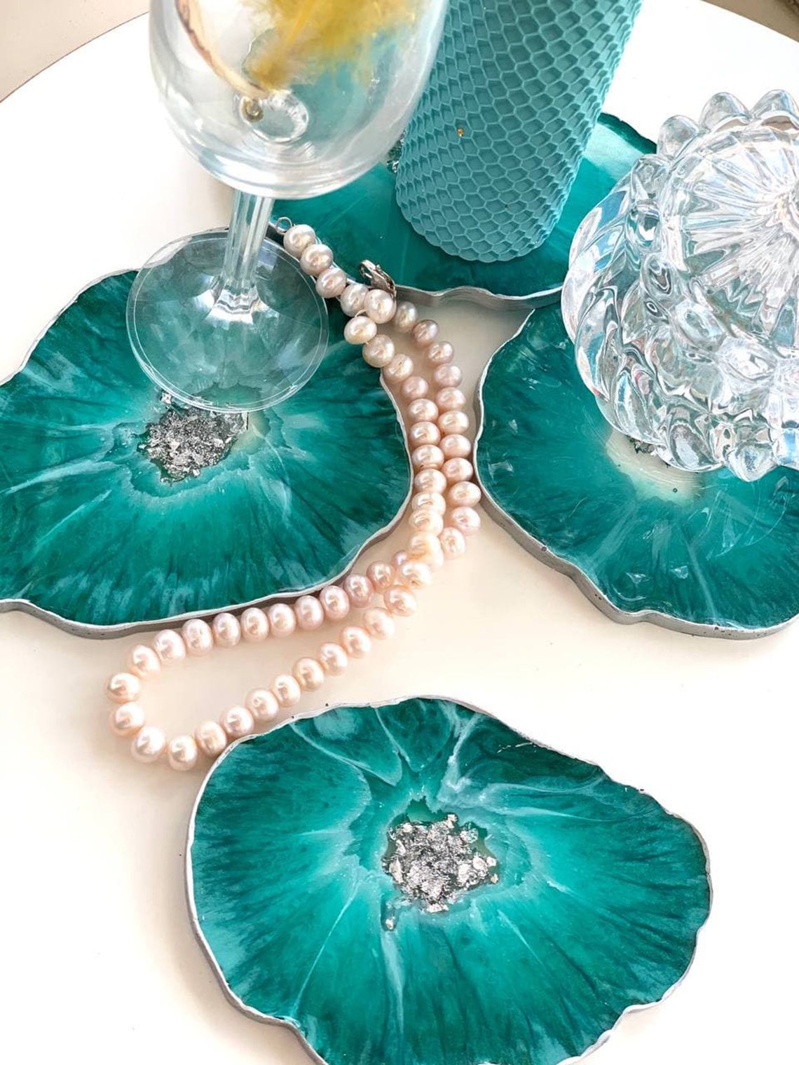 Resin luxury coasters / stone shape coasters / turquoise glass Etsy